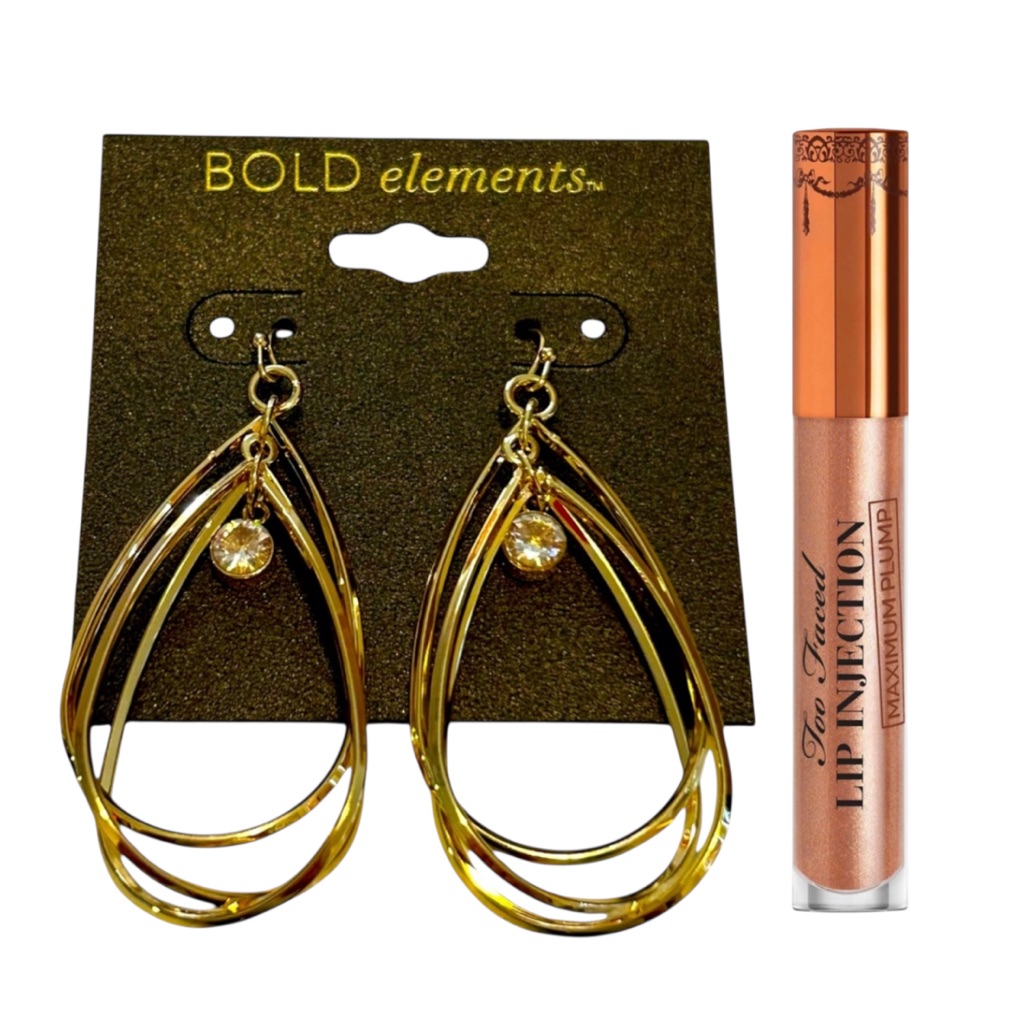 Too Faced Full Size Lip Injection Bold Elements Gold Tear Drop Earrings 30$